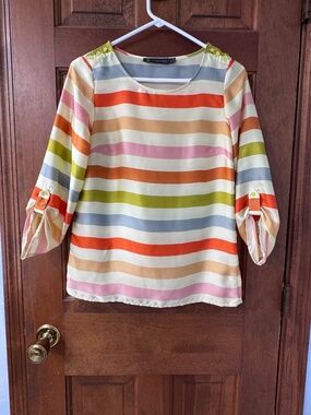 Outback Red XS Multicolor Striped Blouse | Roll Tab 3/4 Sleeve | The Limited